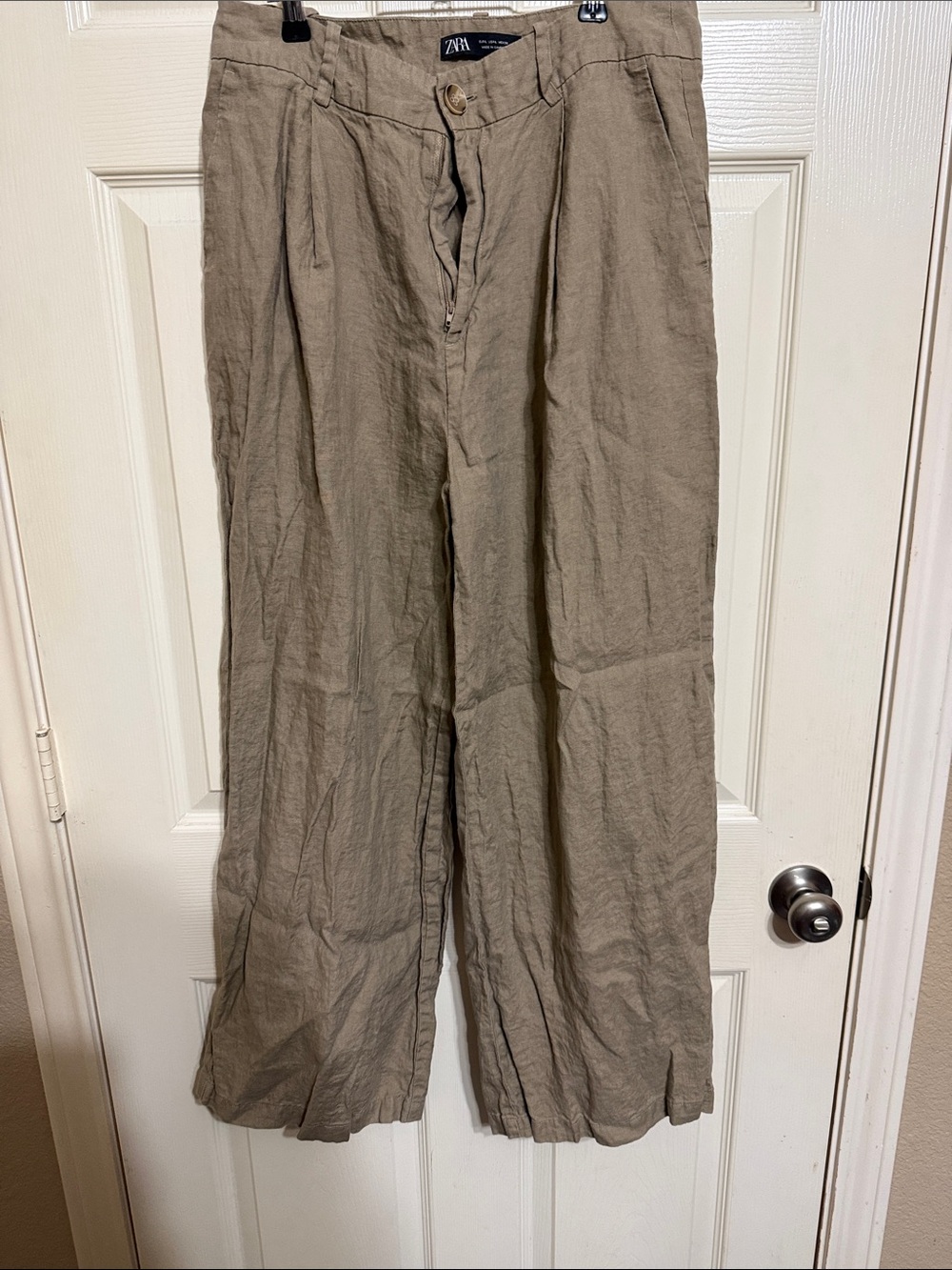 Zara Wide-Leg Linen-Blend Pants in Khaki